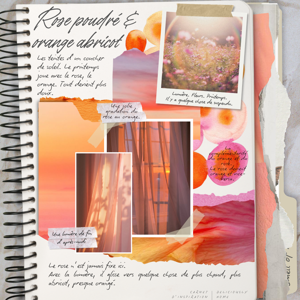 color palette deco printemps rose orange deliciouslyhome Inspiration rideaux rose poudré et orange abricot pour filtrer la lumière et créer une ambiance douce dans la maison au printemps.