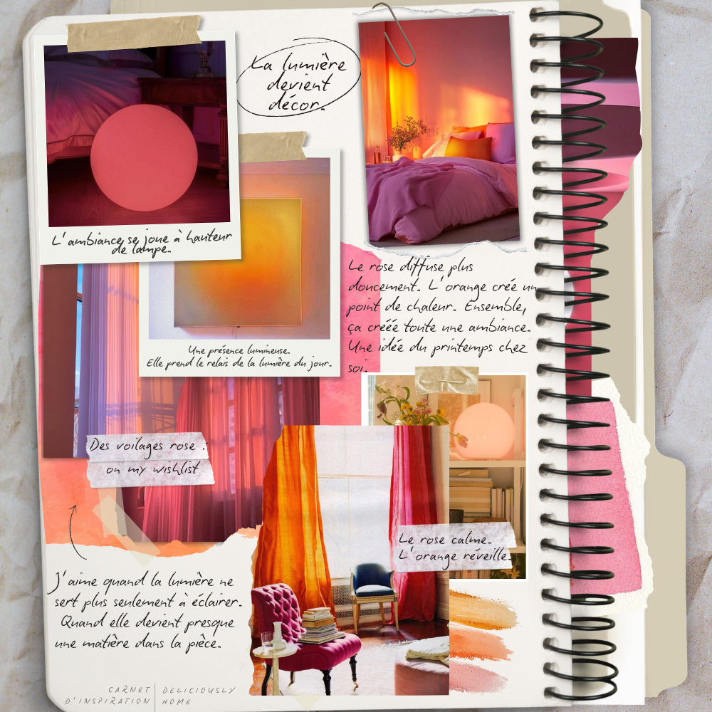 deco printemps rose orange deliciouslyhome Inspiration lampes roses et orange avec lumière chaude pour créer une ambiance douce et colorée dans une pièce.
