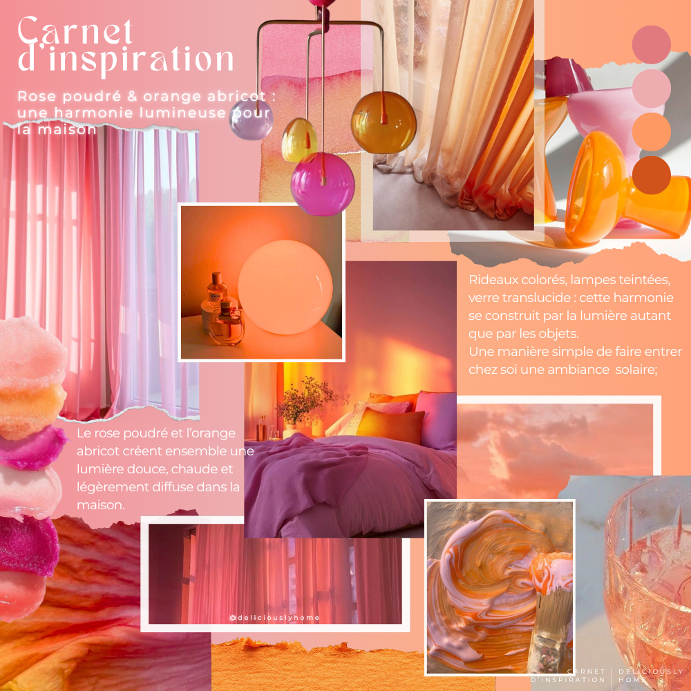moodboard deco printemps rose orange deliciouslyhome Inspiration décoration rose poudré et orange abricot pour le printemps avec rideaux, lampes, verre coloré et ambiance lumineuse chaleureuse dans la maison.