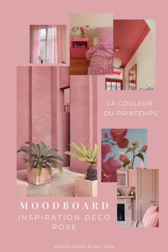 Moodboard décoration rose avec différentes inspirations d’intérieur, textiles et ambiances printanières
