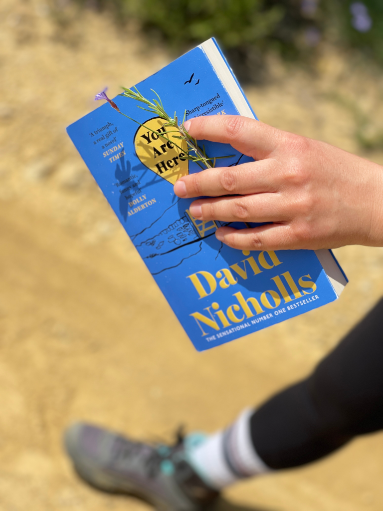 lecture fiction you are here david nicholls deliciouslyhome article3 Détail du roman You Are Here de David Nicholls tenu à la main avec une fleur – lecture nature Deliciously Home
