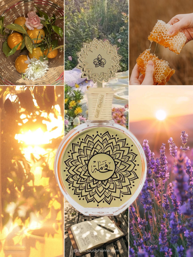 Parfum Fakhama ambiance printemps sur fond de lavande, d'agrumes, de miel, signature olfactive de mars Deliciously Home, parfum gourmand floral lumineux