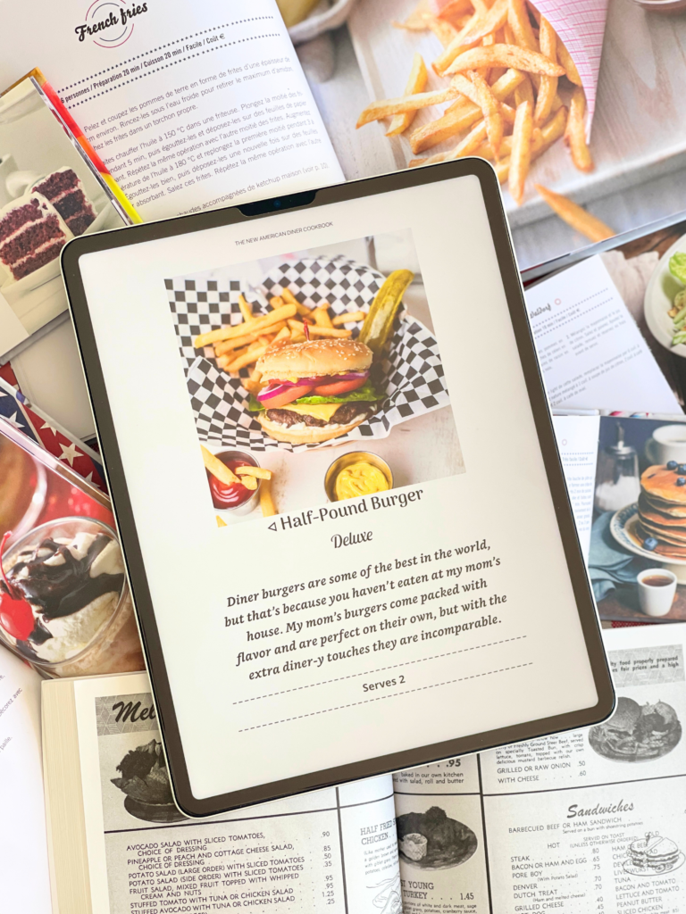 Recette de burger présentée dans l’un des ouvrages de la sélection Deliciously Home sur les diners américains, mettant en avant une cuisine simple, accessible et fidèle à l’esprit de ces lieux pensés comme des espaces de partage.