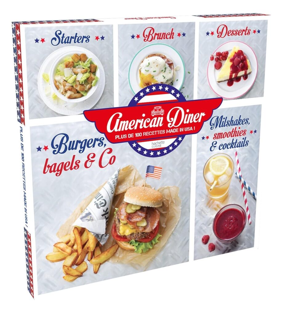 Coffret de livres de cuisine sur les diners américains avec recettes de burgers, brunch, desserts et milkshakes