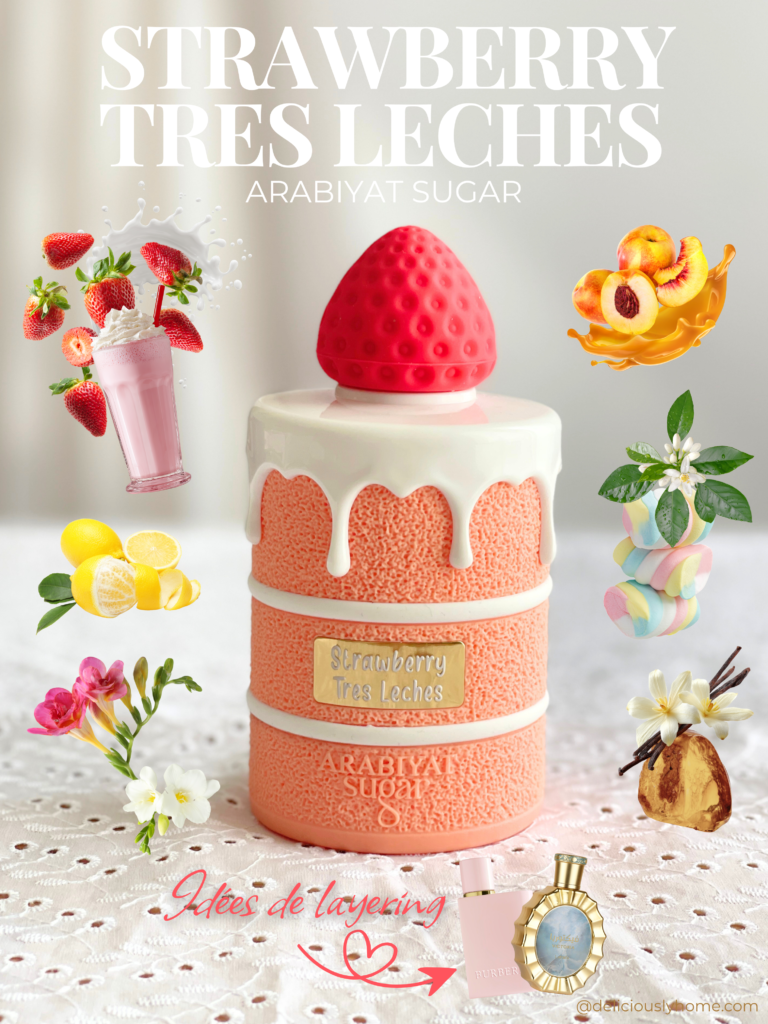 Illustration des notes de Strawberry Tres Leches d’Arabiyat Sugar, mettant en avant la fraise, le lait, la fleur d’oranger et la vanille, en lien direct avec notre article DeliciouslyHome où nous analysons la pyramide olfactive de notre signature olfactive du mois d'avril.