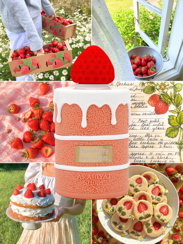 Ambiance cuisine et pâtisserie autour de la fraise, en écho à Strawberry Tres Leches d’Arabiyat Sugar, notre signature parfumée d’avril sur DeliciouslyHome, où nous partageons notre avis et décrivons les notes gourmandes et lactées du parfum.