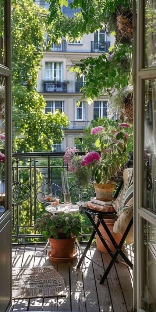 Petit balcon fleuri avec chaise pliante, plantes suspendues et ambiance bohème estivale, à explorer dans notre article sur Aménager un coin d’été chez soi sur Deliciously Home