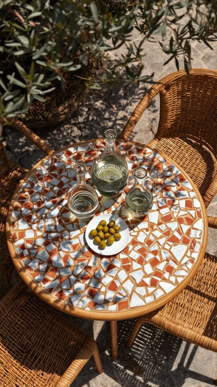 Table mosaïque avec carafe et olives pour un apéritif d’été en extérieur ensoleillé, à retrouver dans notre article sur Aménager un coin d’été chez soi sur Deliciously Home