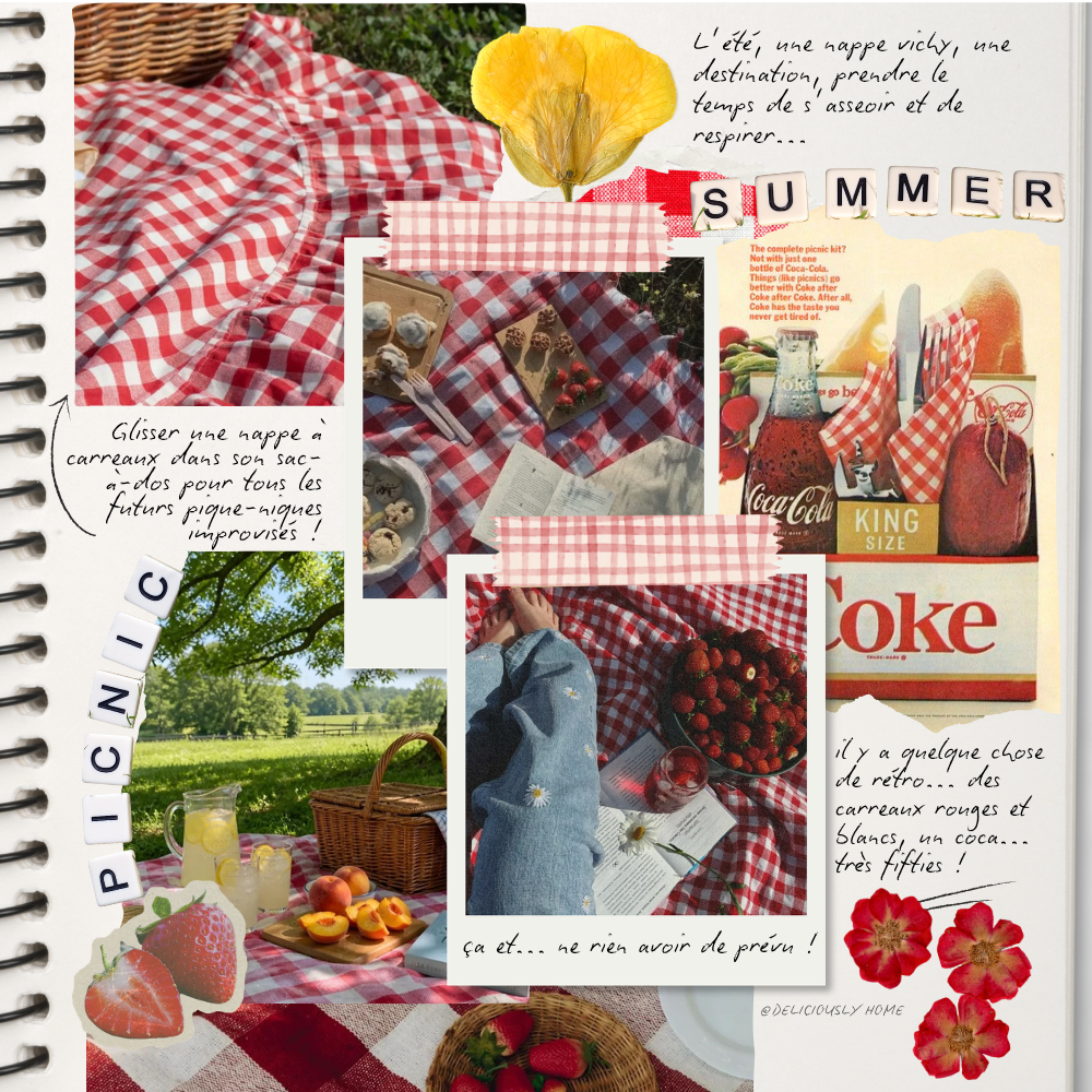 Carnet d’idées déco autour du pique-nique estival, explorant le pouvoir du vichy rouge et blanc et son imaginaire rétro entre nappe à carreaux, Coca-Cola vintage et pauses au soleil. À découvrir avec Deliciously Home