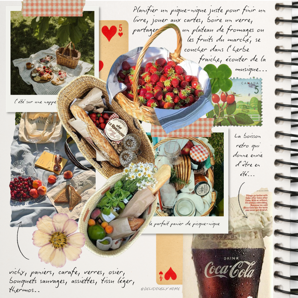 Carnet d’inspiration sur les objets qui créent instantanément une ambiance pique-nique : paniers en osier, carafes, verres, fruits de saison et détails rétro pour composer un été plus intentionnel. À découvrir avec Deliciously Home