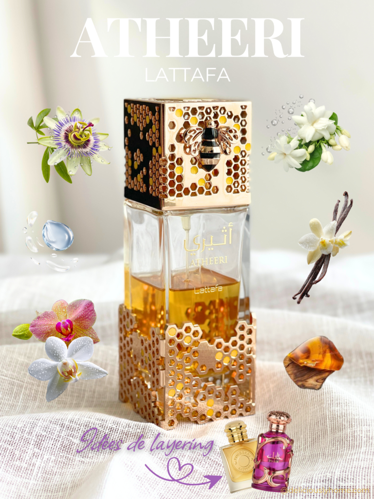 Présentation d'Atheeri de Lattafa et de ses principales notes olfactives. Un parfum floral gourmand où la passiflore, l'orchidée, le jasmin et la vanille créent une atmosphère douce et lumineuse.