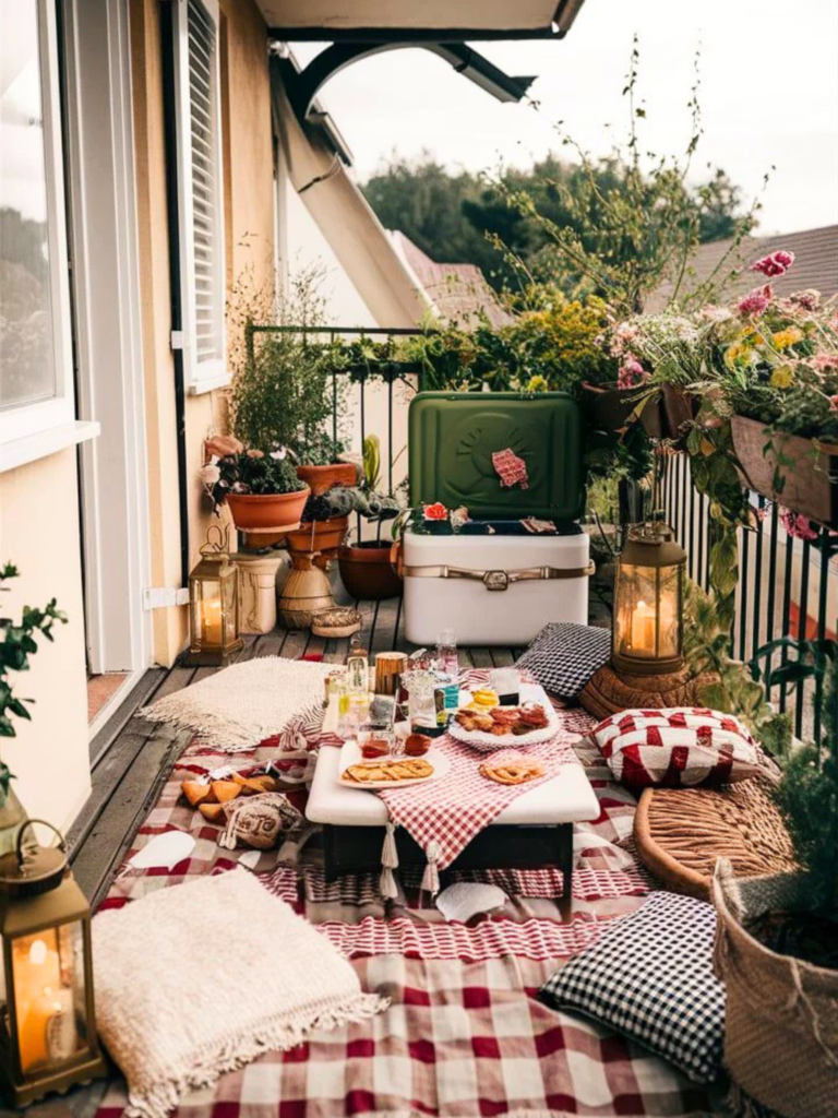 Même un petit balcon peut devenir un véritable décor de pique-nique avec une nappe à carreaux, des coussins moelleux et une lumière de fin de journée propice aux longues soirées d’été. À découvrir avec Deliciously Home