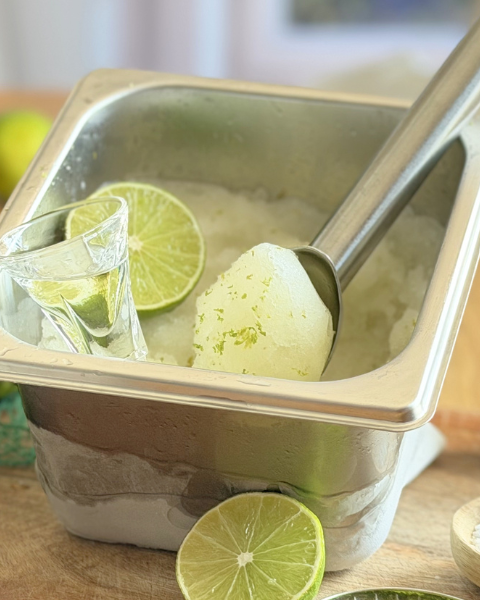 Sorbet au citron vert maison dans un bac inox avec une boule prête à servir, entouré de citrons verts, de fleur de sel et de zestes frais. Découvrez la recette complète en lisant notre article sur Deliciously Home.