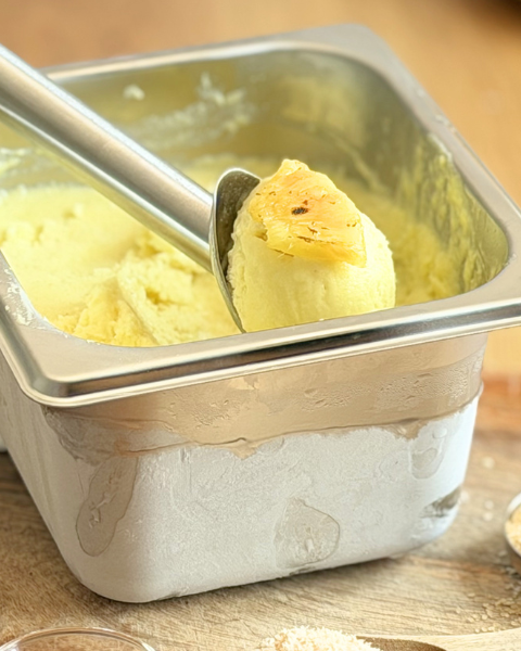 Sorbet Piña Colada maison dans un bac inox avec une boule garnie d'un morceau d'ananas rôti, accompagné de noix de coco râpée. Découvrez la recette complète en lisant notre article sur Deliciously Home.
