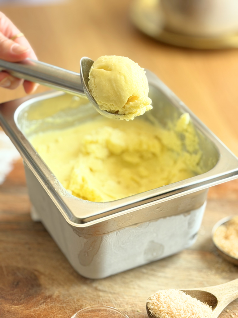sorbet pina colada dessert glace deliciouslyhome article1 Boule de sorbet Piña Colada maison servie dans une cuillère à glace au-dessus d'un bac inox, avec noix de coco râpée en arrière-plan. Découvrez la recette complète en lisant notre article sur Deliciously Home.