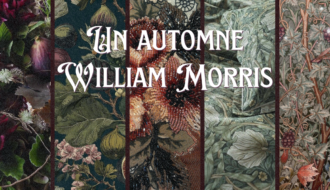 Composition botanique d’automne inspirée de William Morris, mêlant figues, feuillages, fleurs brodées et motifs végétaux aux tons profonds, parmi nos inspirations déco sur Deliciously Home.