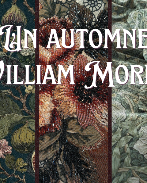 Composition botanique d’automne inspirée de William Morris, mêlant figues, feuillages, fleurs brodées et motifs végétaux aux tons profonds, parmi nos inspirations déco sur Deliciously Home.