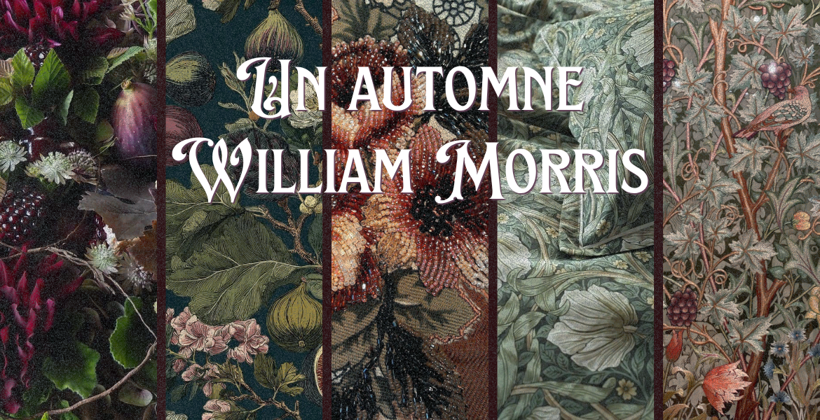 Composition botanique d’automne inspirée de William Morris, mêlant figues, feuillages, fleurs brodées et motifs végétaux aux tons profonds, parmi nos inspirations déco sur Deliciously Home.
