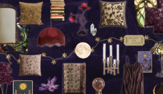 Moodboard whimsigoth aux couleurs d’automne, entre velours prune, motifs botaniques, vitraux, bougies, fleurs sombres, miroirs anciens, cristaux et détails célestes, par Deliciously Home.