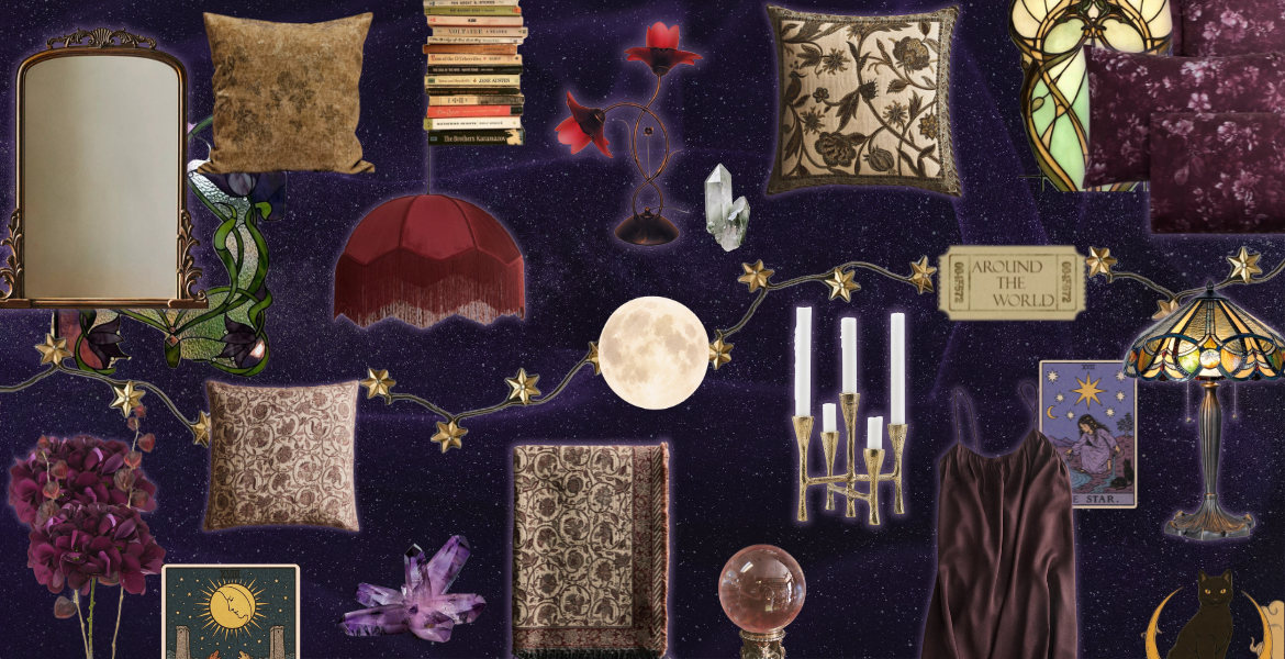 Moodboard whimsigoth aux couleurs d’automne, entre velours prune, motifs botaniques, vitraux, bougies, fleurs sombres, miroirs anciens, cristaux et détails célestes, par Deliciously Home.
