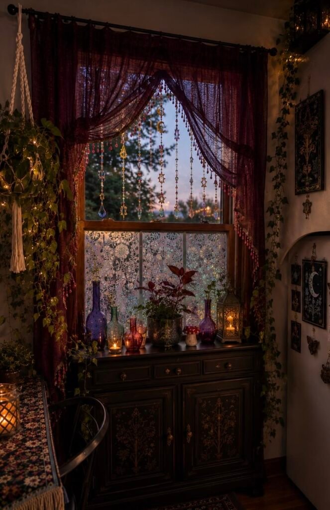 Intérieur whimsigoth à la lumière du soir, avec rideaux bordeaux, perles colorées, plantes grimpantes et objets en verre sur un meuble sombre, parmi nos inspirations déco sur Deliciously Home.