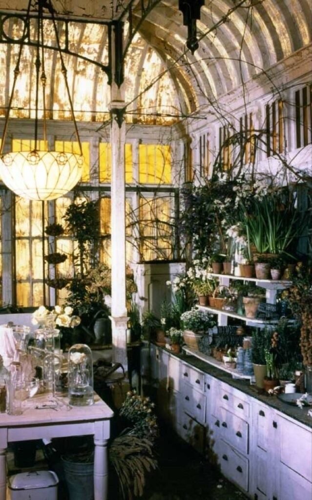 Véranda de la maison de Practical Magic remplie de plantes, pots en terre cuite et objets de botanique sous une grande verrière ancienne, parmi nos inspirations déco sur Deliciously Home.