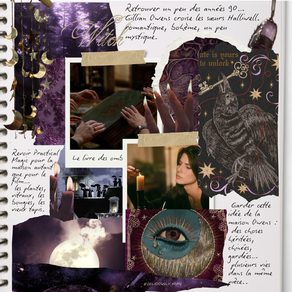 Moodboard whimsigoth aux tons violets et nocturnes, mêlant lune, bougies, corbeau, œil mystique et références à Practical Magic, parmi nos inspirations déco sur Deliciously Home.
