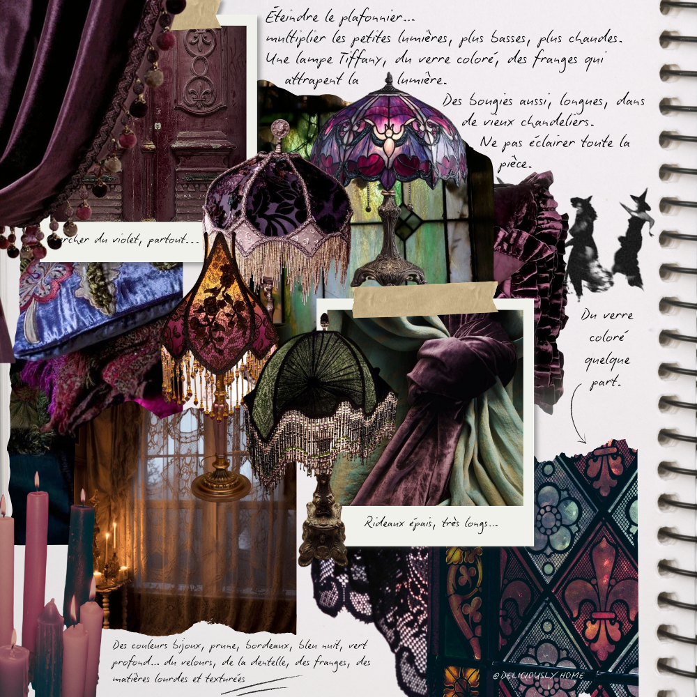 Moodboard whimsigoth inspiré des années 90, mêlant velours, franges, vitraux, lampes colorées et détails précieux dans une atmosphère à la Practical Magic, parmi nos inspirations déco sur Deliciously Home.