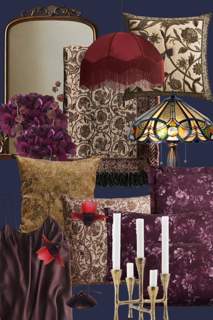 Sélection déco d’automne entre inspiration botanique et whimsigoth, mêlant velours, motifs floraux, bordeaux, prune, dorures, miroir ancien, luminaires et vitrail, par Deliciously Home.
