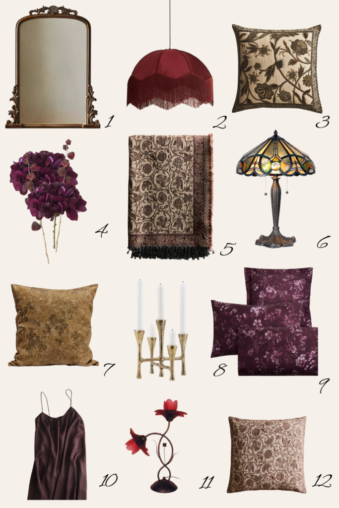 Sélection d’objets pour une décoration d’automne aux influences whimsigoth : miroir doré, suspension à franges, textiles botaniques, velours, fleurs prune, lampe vitrail et bougeoir, par Deliciously Home.